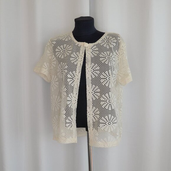 Vintage Cream Crochet Knit Lace Short Sleeve Top Sz M - Picture 1 of 6